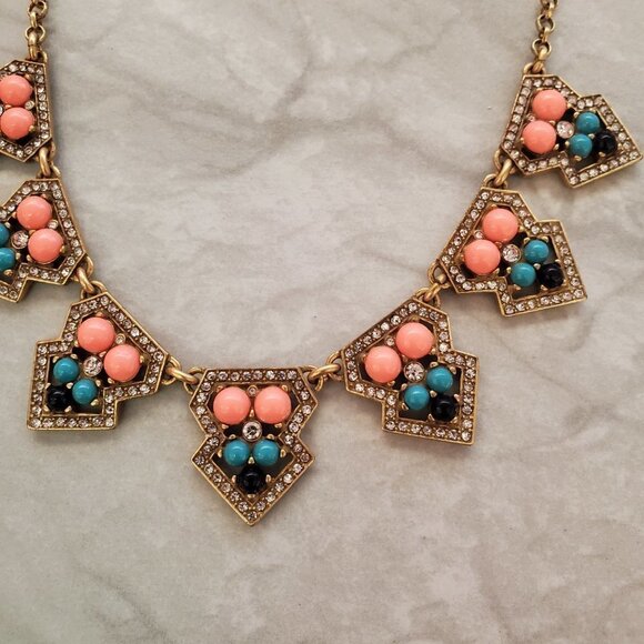 ✨ J.Crew Pave Rhinestone Crystal Blue Gold Coral Bohemian Necklace ✨ - Picture 5 of 16
